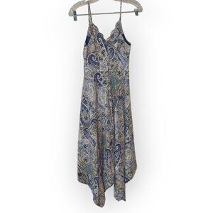 Alya Paisley Handkerchief Bohemian Flowy Dress Scalloped Neckline Blue Size S